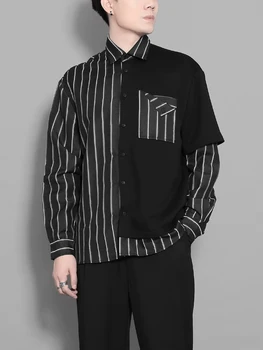Autumn New British Personality Pocket Color Patchwork Design Sense Striped Shirt Men Long Sleeve