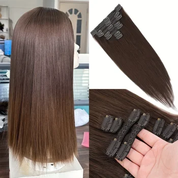 Clip In Hair Extensions 8Pcs/Set Straight Real Human Hair 2# Dark Brown Seamless Skin Weft Clip-On Hairpieces 14-26Inch