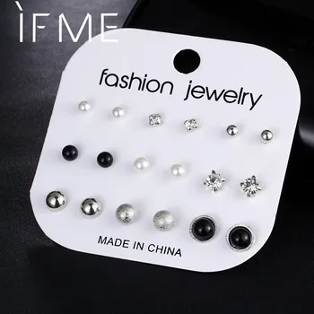 IF ME Fashion Crystal Mixed Stud auskarų rinkinys moterims Sidabro spalva Imituota perlų geometrija Apvalūs moteriški auskarai Naujas