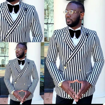 Stripes Vyriškas kostiumas 2 vnt Blazer Black Pants One Button Peaked Lapel Business Modern Wedding Groom Tailored Costume Homme