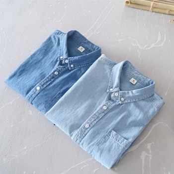 Rudens vyrų džinsiniai marškiniai Medvilnė Korėjietiško stiliaus atlapai Paprastos kišenės Gražūs gatvės drabužiai Madingi laisvalaikio laisvi vyriški mėlyni švarkai