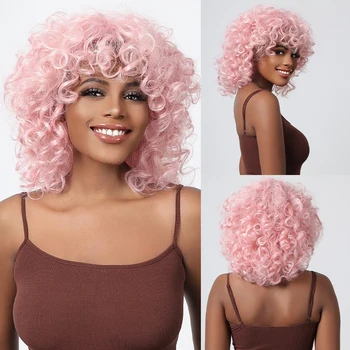 HAIRCUBE Trumpi rožiniai Kinky Garbanoti Afro Perukai moterims Deep Wave Rožiniai sintetiniai plaukų perukai su kirpčiukais Karščiui atsparūs Cosplay perukai