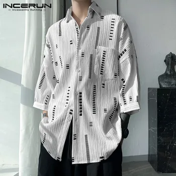 INCERUN Tops 2023 Korėjietiško stiliaus vyriškos laisvalaikio tekstūros atspaudas Pečių lašo dizaino marškiniai Stilinga gatvės kvartalo palaidinė su rankovėmis S-5XL